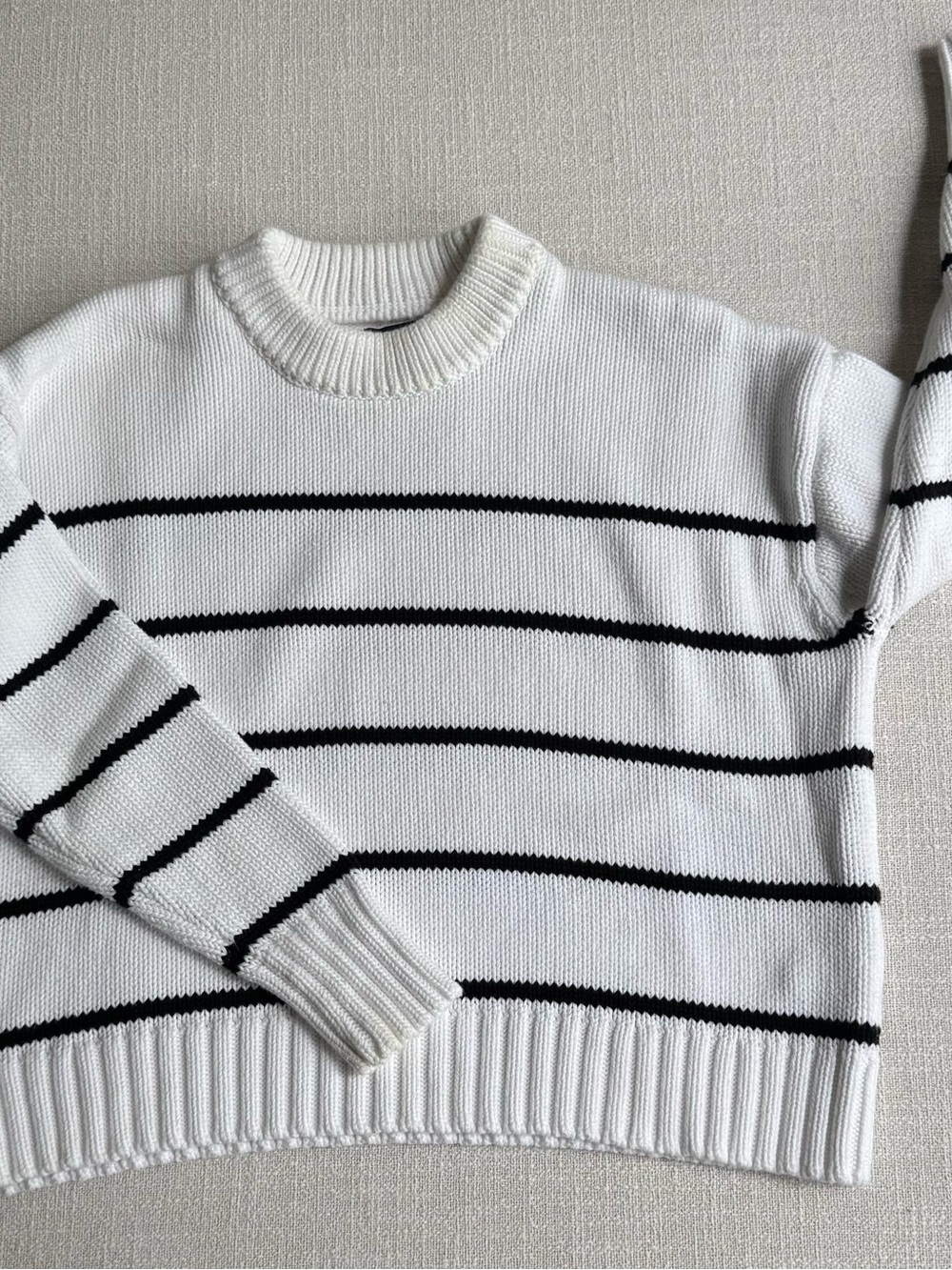 Quince White Crewneck Sweater with Black Stripes